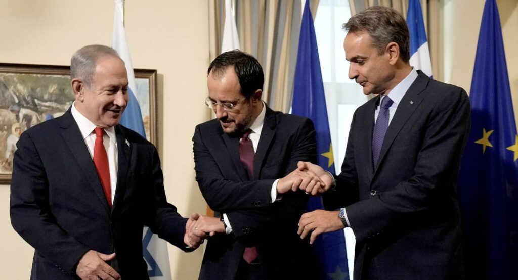 Cyprus' President Christodoulides, Greek PM Mitsotakis and Israeli PM Netanyahu, September 2023. Photo credit: Petros Karadjias/Pool via REUTERS.