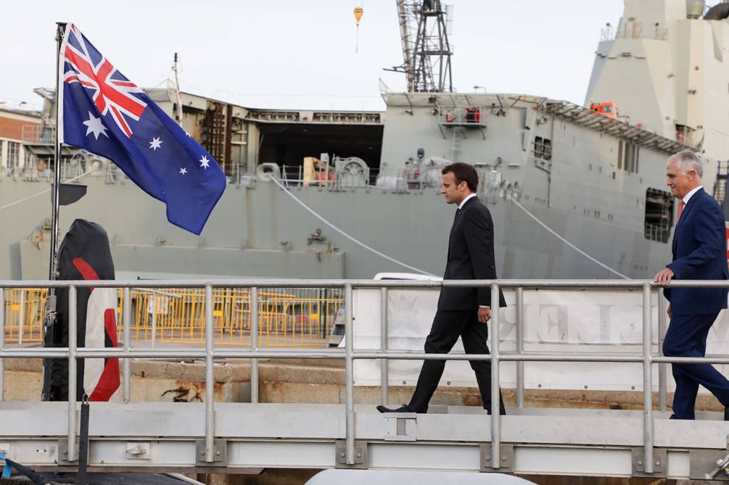 The AUKUS revolution is just beginning. Macron and Turnbull visit the HMAS Waller, a Collins-class submarine, in Sydney. Photo credit: Ludovic Marin/Abaca Press