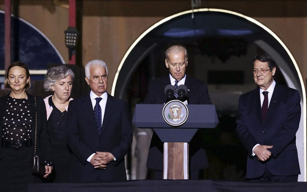 Joe Biden, as U.S. Vice President, speaks as Cypriot President Anastasiades and Former Turkish Cypriot leader Eroglu look on, in Nicosia, 2014. Photo credit: REUTERS/Stringer.