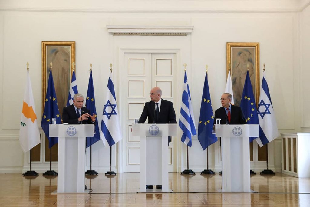 Greek Foreign Minister Nikos Dendias meets with his Israel and Cyprus counterparts, in Athens. Photo credit: REUTERS
