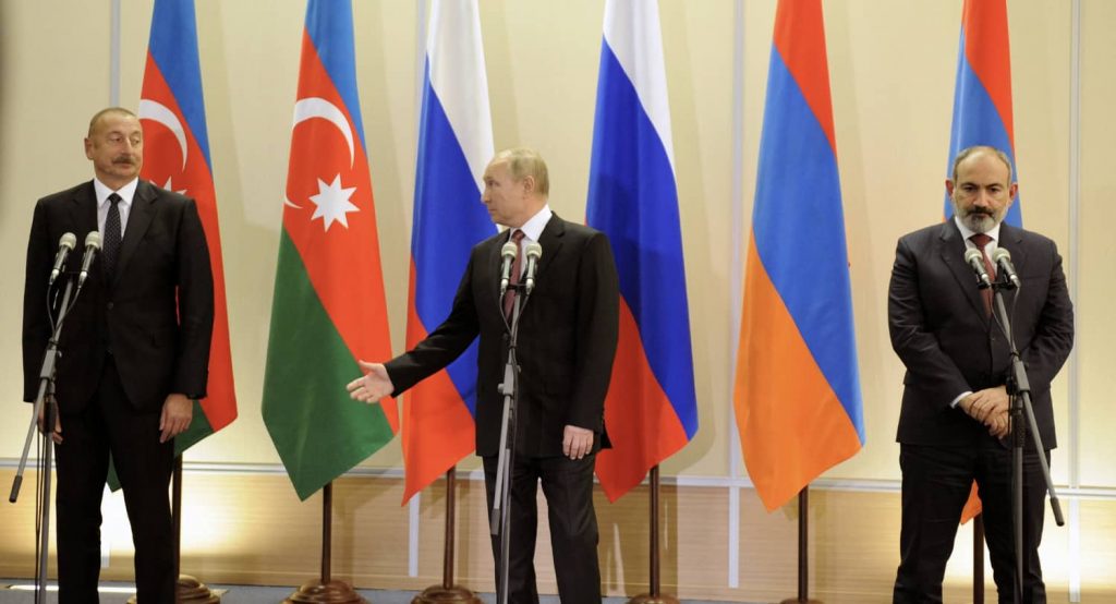 Russia's President Putin meets with Armenia's Prime Minister Pashinyan and Azerbaijan's President Aliyev in Sochi. Photo credit: via REUTERS