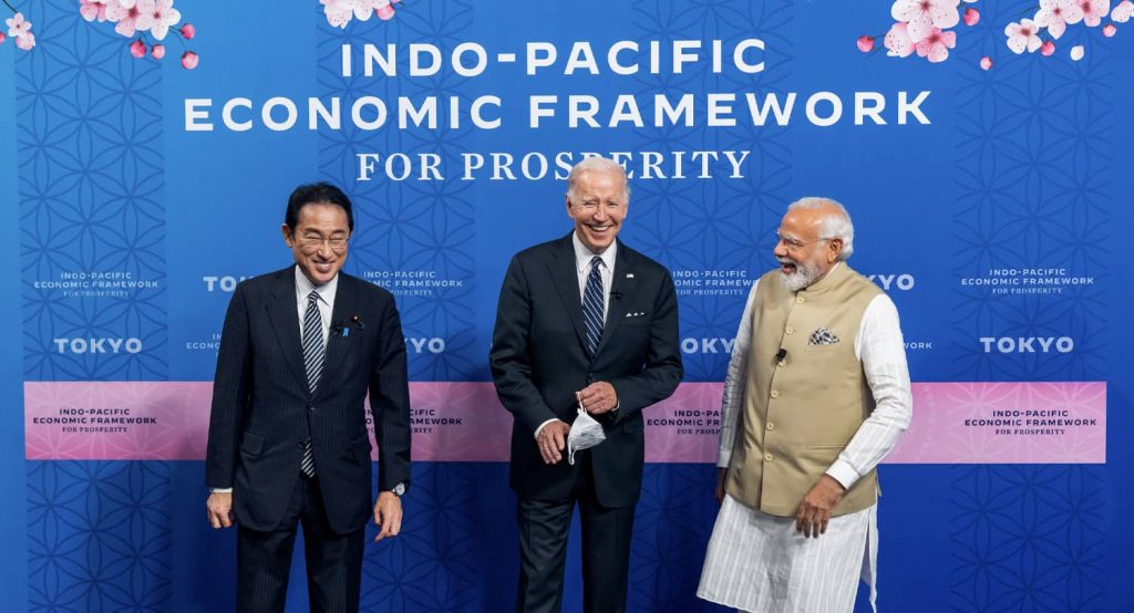 US President Joe Biden poses with India Prime Minister Narendra Modi and Japan Prime Minister Fumio Kishida as he announced the countries that are joining the new Indo-Pacific Economic Framework. Photo credit: EYEPRESS via Reuters Connect