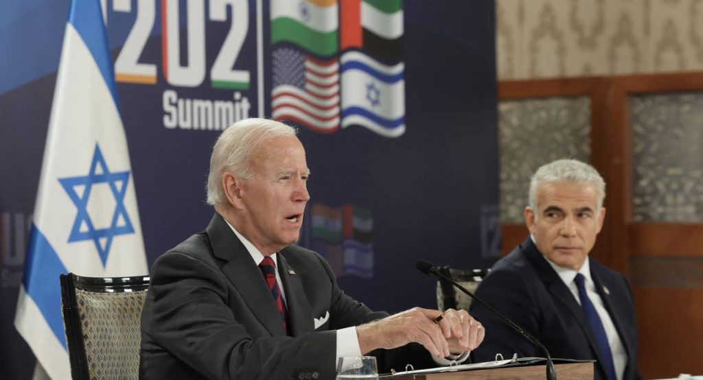 U.S. President Joe Biden and Israeli Prime Minister Yair Lapid attend the first virtual meeting of the I2U2 summit. Photo credit: REUTERS