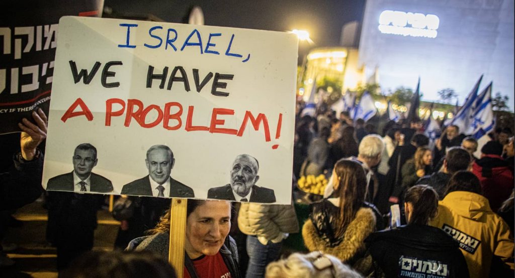 Protest against Israel judicial reform in Tel Aviv, Israel, January 2023. Photo credit: Eyal Warshavsky / SOPA Images/Si via Reuters Connect