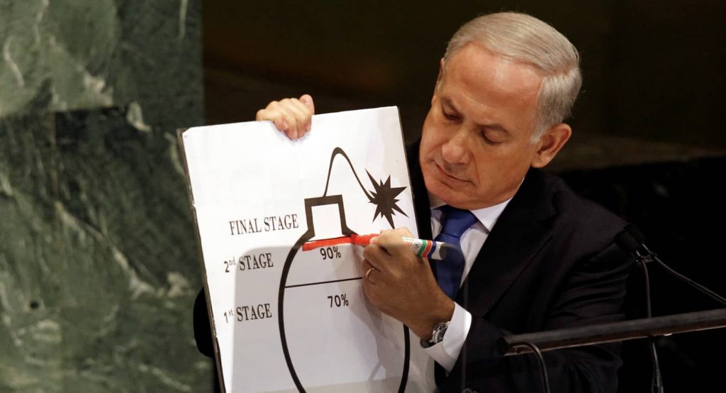 Israeli Prime Minister Benjamin Netanyahu draws a red line on an illustration describing Iran's ability to create a nuclear weapon, as he addresses the UN General Assembly, September 2012. Photo credit: REUTERS