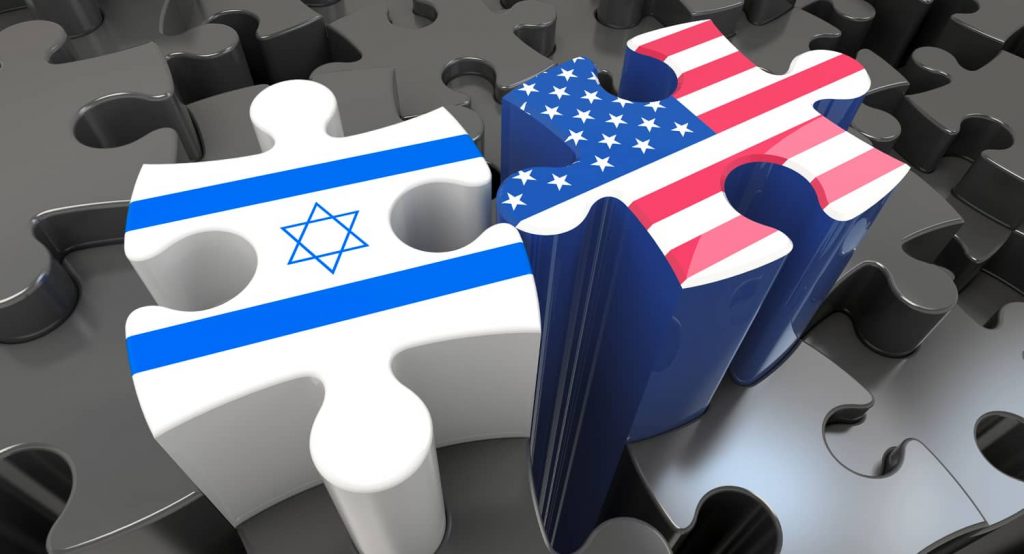 Photo usa and israel flags on puzzle pieces. political relationship concept.