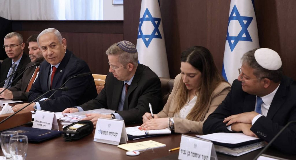 Israeli Prime Minister Benjamin Netanyahu chairs a cabinet meeting in Jerusalem, May 14, 2023. Photo credit: Gil Cohen-Magen/Pool via REUTERS