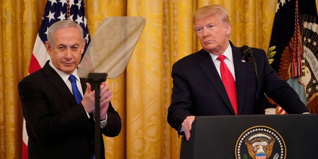 Trump introduces the at a press conference with Israel's Prime Minister Netanyahu, January 2020. Photo credit: REUTERS/Joshua Roberts