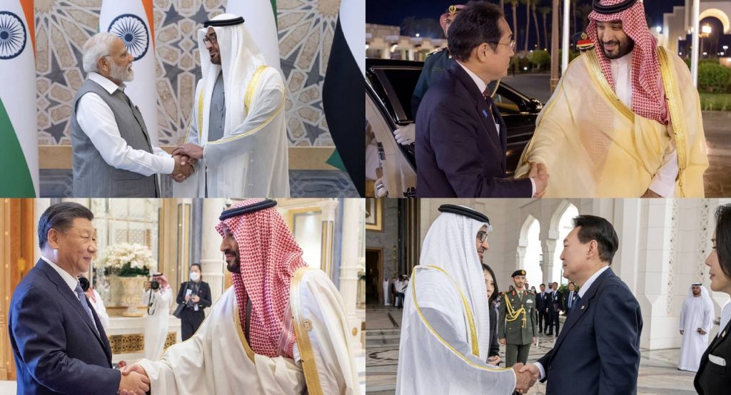 India’s PM Modi, Japan’s PM Kishida, China’s President Xi and Korea’s President Yoon each visited the Gulf recently. Photos credit: Hamad Al Kaabi/UAE Presidential Court/Handout via REUTERS, Saudi Press Agency/Handout via REUTERS, Mohamed Al Hammadi/UAE Presidential Court/Handout via REUTERS