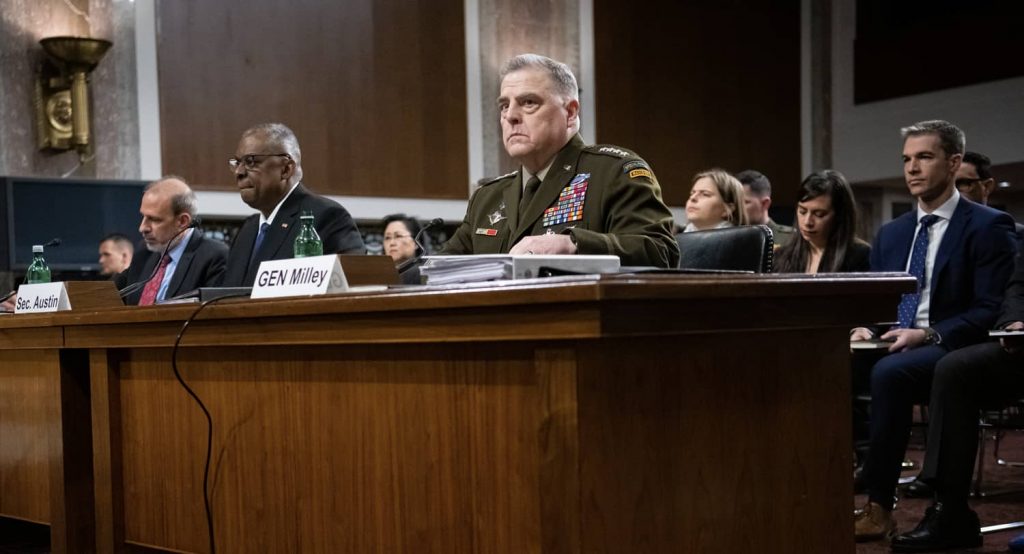 Gen. Mark Milley, chairman of the Joint Chiefs of Staff (center), and Lloyd Austin, Secretary of Defense (left), testify before the Senate Armed Services Committee on the proposed 2024 defense budget. Photo credit: Graeme Sloan/Sipa USA via Reuters Connect
