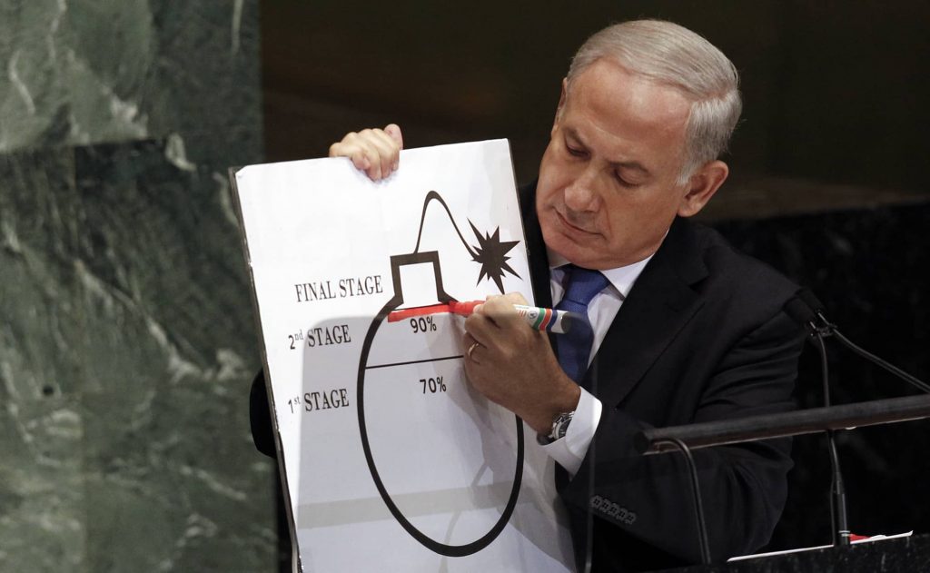 Israeli Prime Minister Benjamin Netanyahu draws a red line on an illustration describing Iran's ability to create a nuclear weapon at the UN Headquarters in New York, September 2012. Photo credit: REUTERS/Keith Bedford
