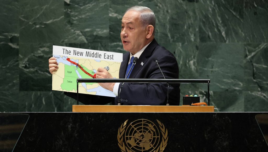 Israeli Prime Minister Benjamin Netanyahu addresses the UN General Assembly, September 22, 2023. Photo credit: REUTERS/Brendan McDermid