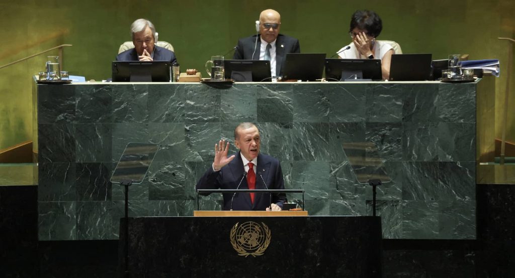 Turkish President Recep Tayyip Erdoğan addresses the UN General Assembly in New York, September 19, 2023. Photo credit: REUTERS/Mike Segar