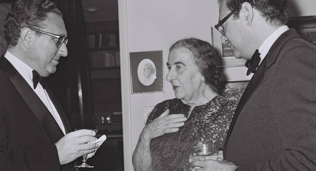 Prime Minister Golda Meir and political advisor Simha Dinitz with Henry Kissinger in Washington, February 27, 1973. Photo credit: MILNER MOSHE, GPO