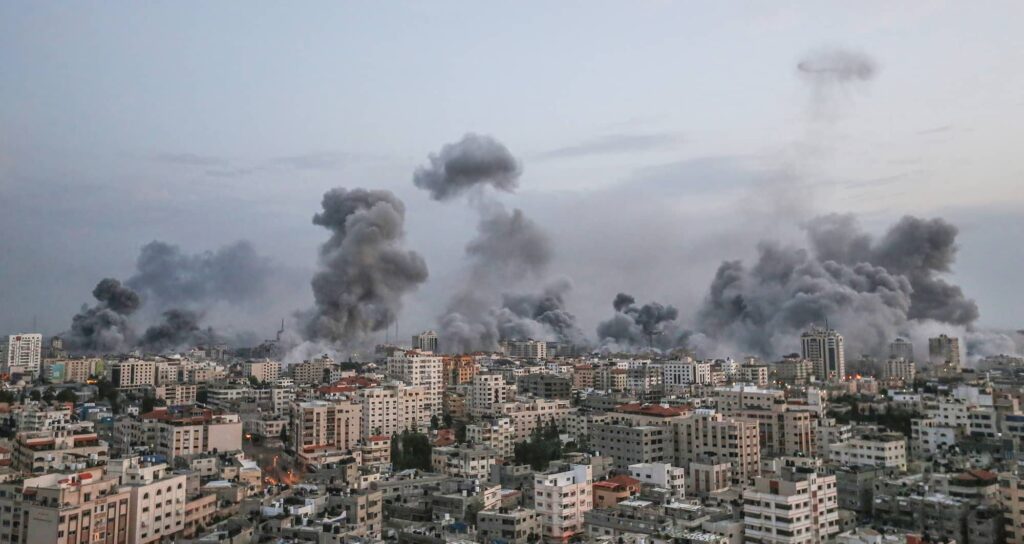 Smoke rises following Israeli strikes in Gaza, October 9, 2023. Photo credit: Ahmed Zakot / SOPA Images/Sipa USA via Reuters Connect