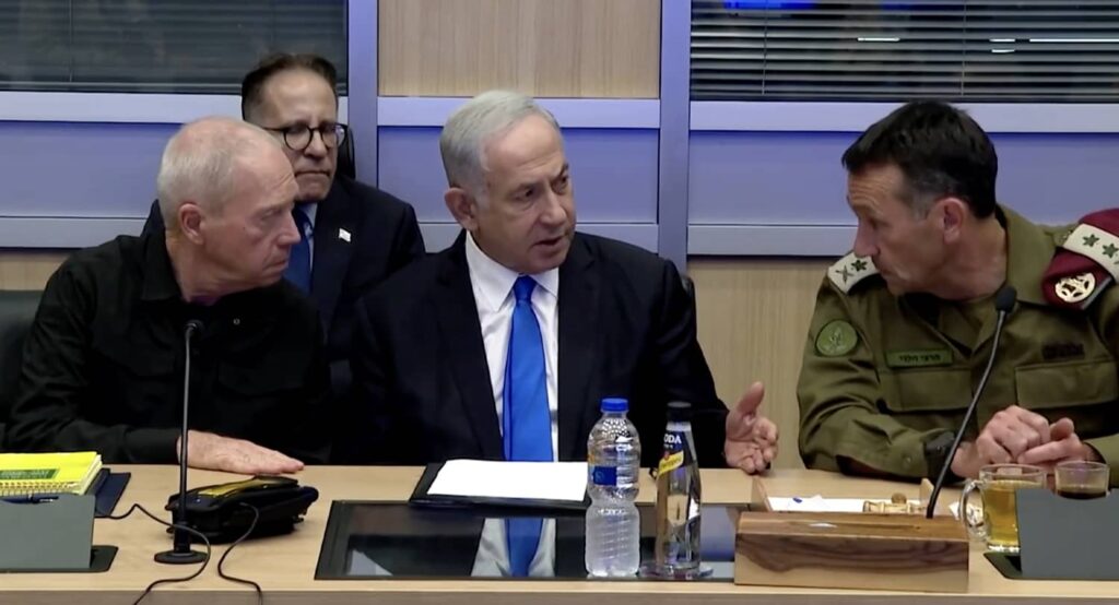 Prime Minister Netanyahu during security cabinet meeting, October 9, 2023. Photo credit: Screenshot from GPO video, (c) 2023 Thomson Reuters