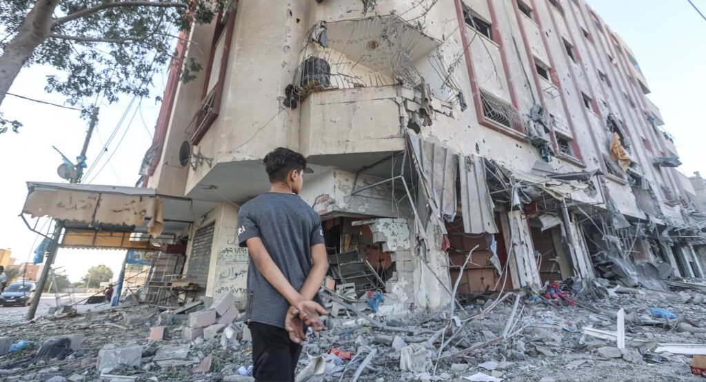 Aftermath of Israeli airstrikes on Gaza, October 2023. Photo credit: Ahmed Zakot / SOPA Images/Sipa USA via Reuters Connect