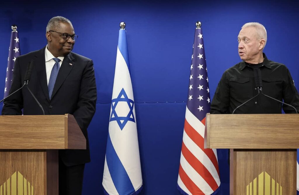 US Secretary of Defense Lloyd Austin and Israeli Defense Minister Yoav Gallant hold a joint press conference in Tel Aviv, Israel, December 18, 2023. Photo credit: REUTERS/Violeta Santos Moura.