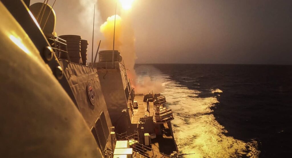 USS Carney (DDG 64) defeats a combination of Houthi missiles and unmanned aerial vehicles in the Red Sea, October 19, 2023. Photo Credit: U.S. Navy/Cover Images via Reuters Connect.