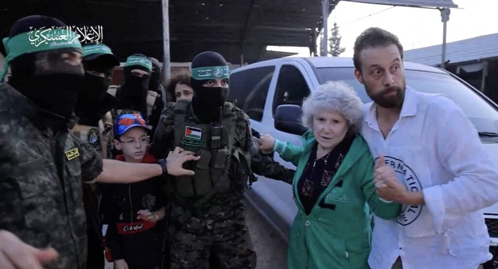 Israeli hostages abducted by Hamas are handed over to the International Red Cross on November 24, 2023. Photo credit: via REUTERS.