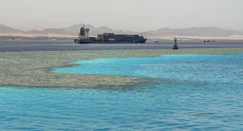 Container ship passes the Straits of Tiran in the Red Sea. Photo credit: Geyres Christophe/ABACA via Reuters Connect.