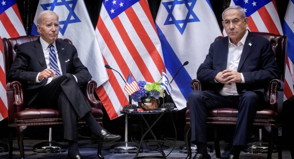 US President Joe Biden meets Israeli Prime Minister Benjamin Netanyahu in Tel Aviv, October 2023. Photo credit: Miriam Alster/Pool via REUTERS.