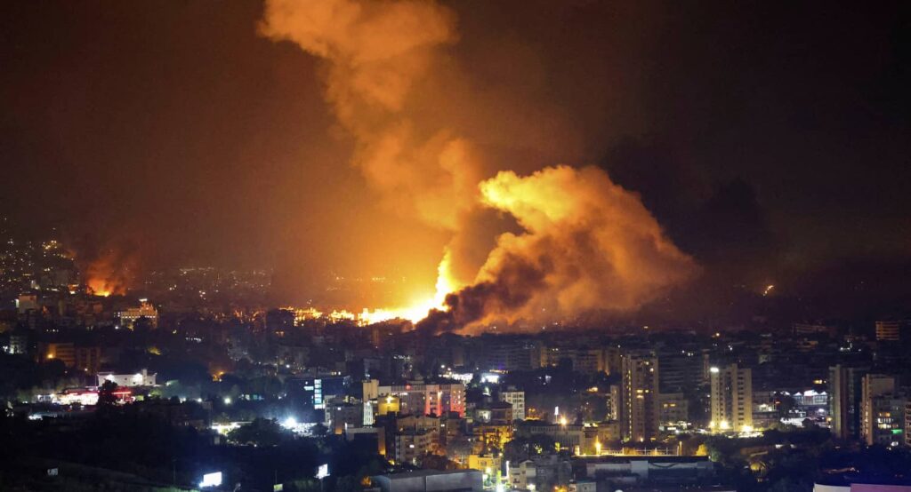 Israeli airstrikes over Beirut’s southern suburbs, September 28, 2024. Photo credit: REUTERS/Mohamed Azakir.