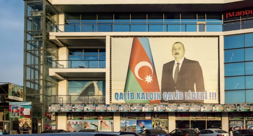 A poster of President Ilham Aliyev on a shopping mall in the Baku suburbs. Photo credit: Shutterstock.