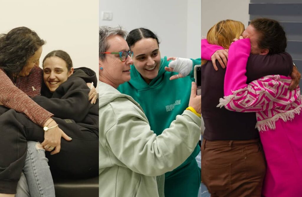 Israel hostages Romi Gonen, Emily Damari and Doron Steinbrecher with their parents after 471 days in Hamas captivity, January 19, 2025. Photos credit: EYEPRESS via Reuters Connect.